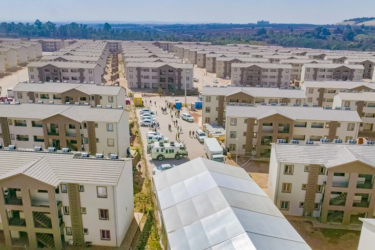 Aerial view of Affri-Village Greenhills with the handover marquee between the apartment blocks