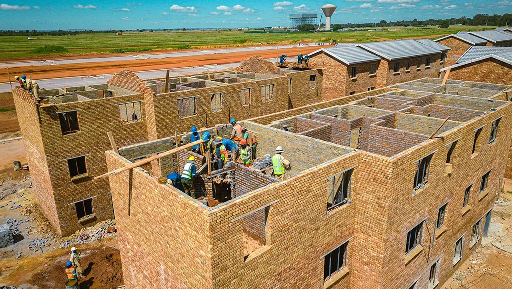 Bricklayers building two-storey face-brick units at Affri-Village Droogeheuwel
