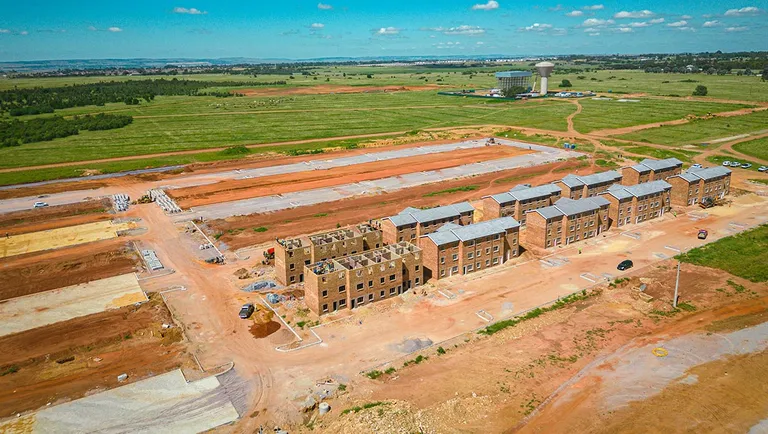Aerial view of housing units under construction at Affri-Village Droogeheuwel