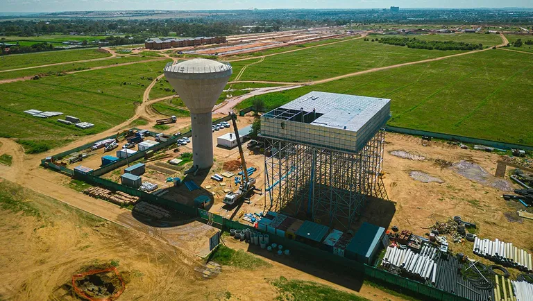 Aerial view of the water tower and reservoir at Affri-Village Droogeheuwel